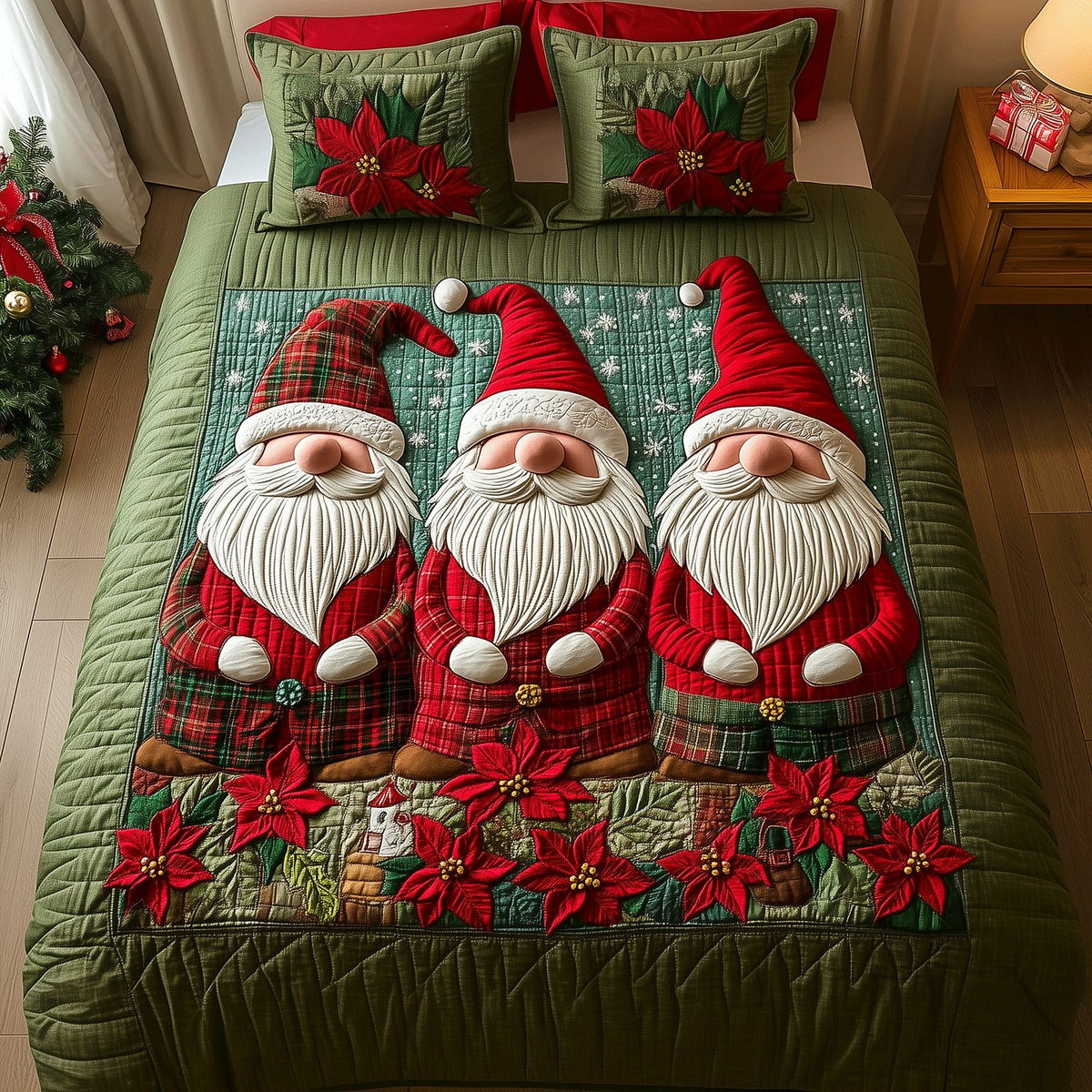 Cozy Christmas Gnome quilted 3-piece bedding set on a made bed in a winter-styled bedroom