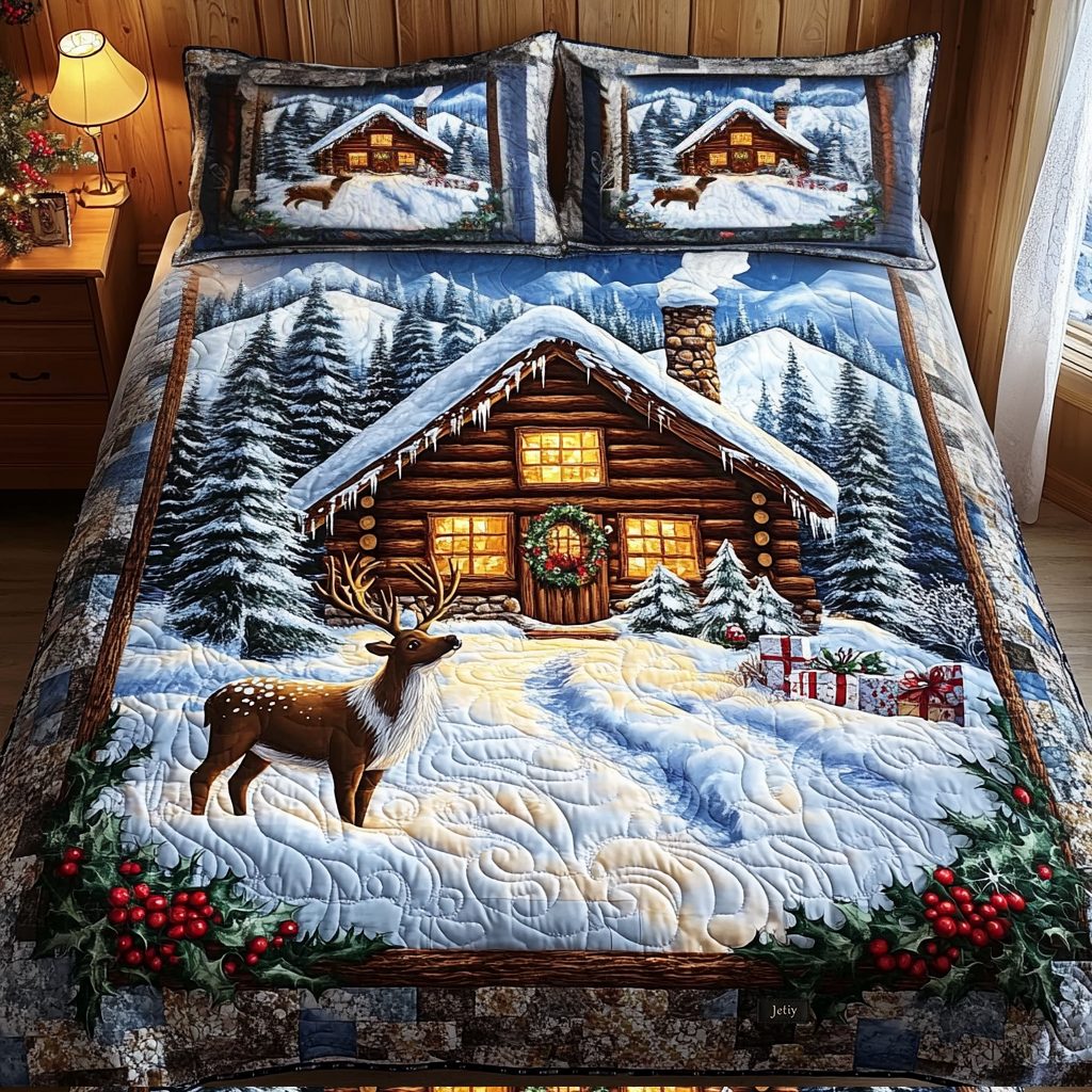 Cozy Claus Cabin quilted 3-piece bedding set on a made bed with two matching pillow shams
