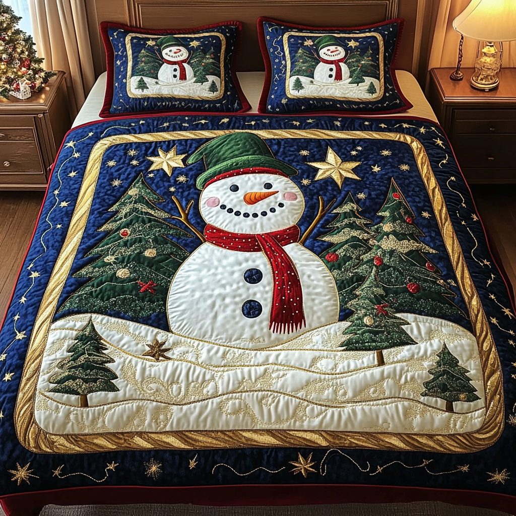 Cozy Corner quilted 3-piece bedding set on a made bed with two matching pillow shams