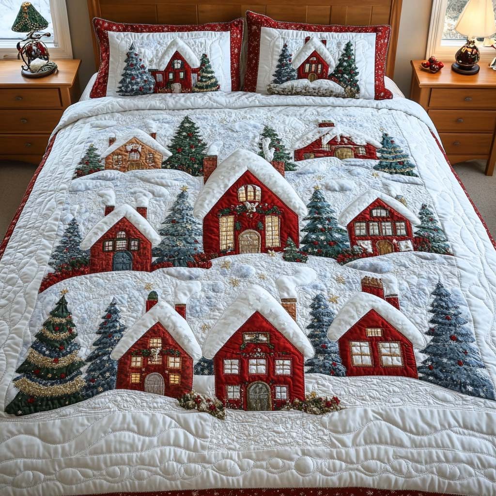 Cozy Cottage Night quilted 3-piece bedding set on a made bed in a farmhouse bedroom
