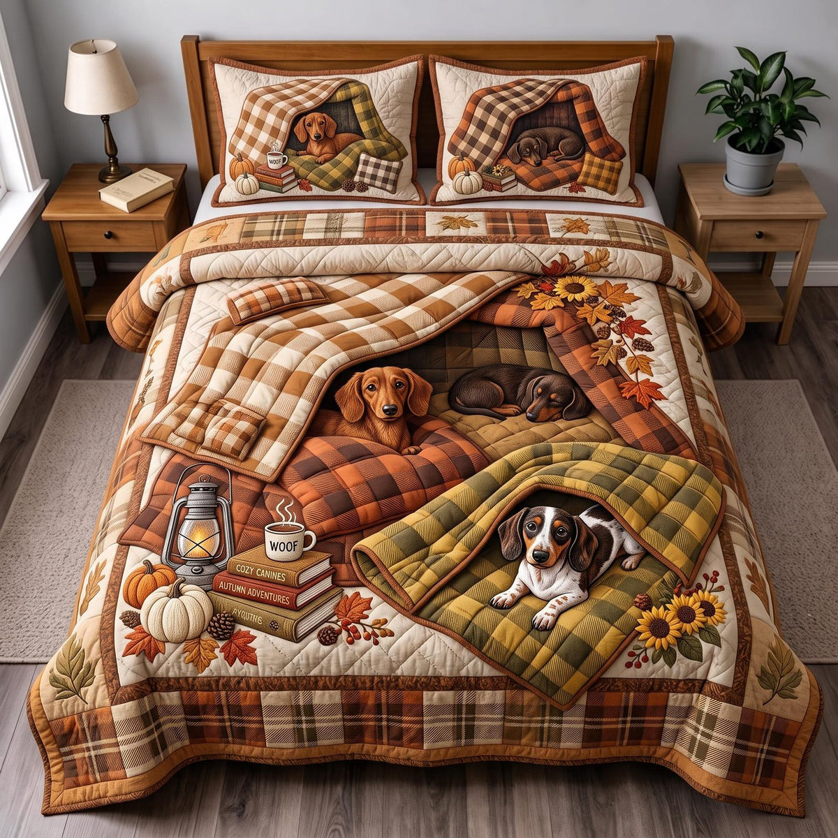 Cozy Dachshund quilted 3-piece bedding set on a made bed with two matching pillow shams