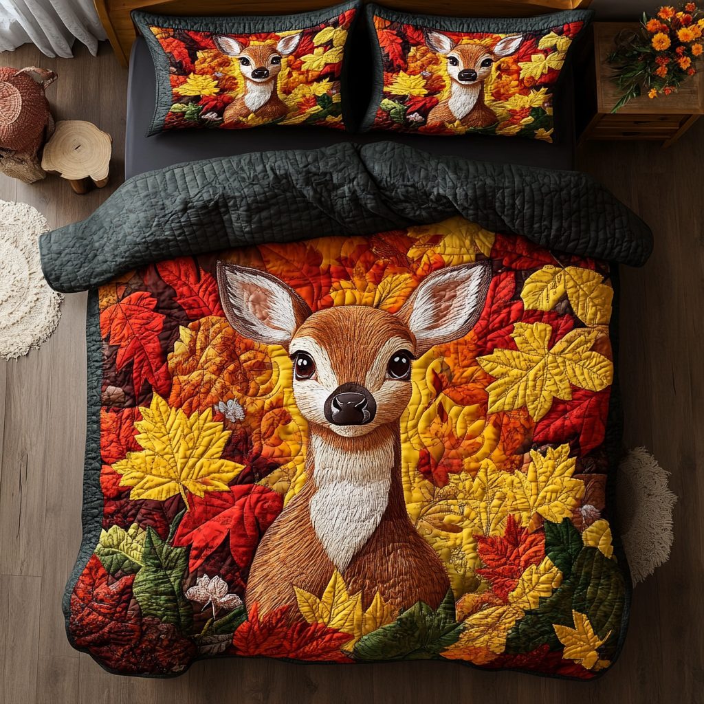Cozy Deer quilted 3-piece bedding set on a made bed with two matching pillow shams