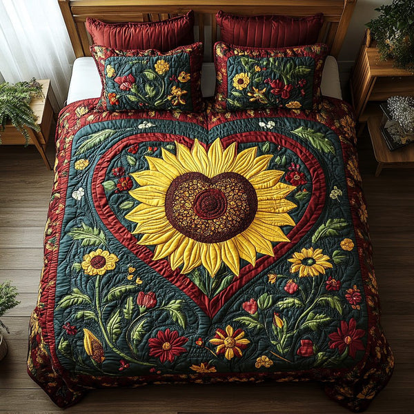 Cozy Devotion quilted 3-piece bedding set on a made bed with two matching pillow shams