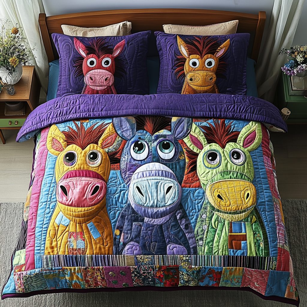 Cozy Donkeys quilted 3-piece bedding set on a made bed with two matching pillow shams