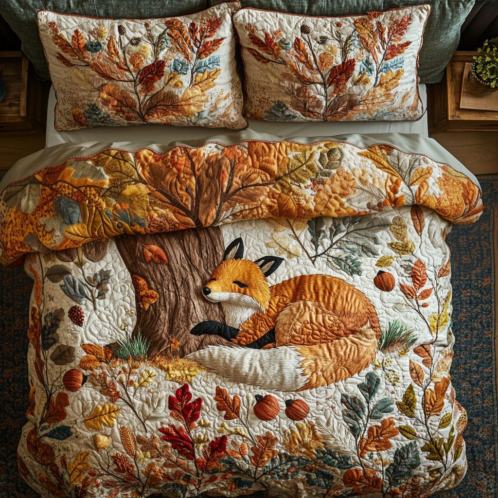 Cozy Fall Fox quilted 3-piece bedding set on a made bed with two matching pillow shams
