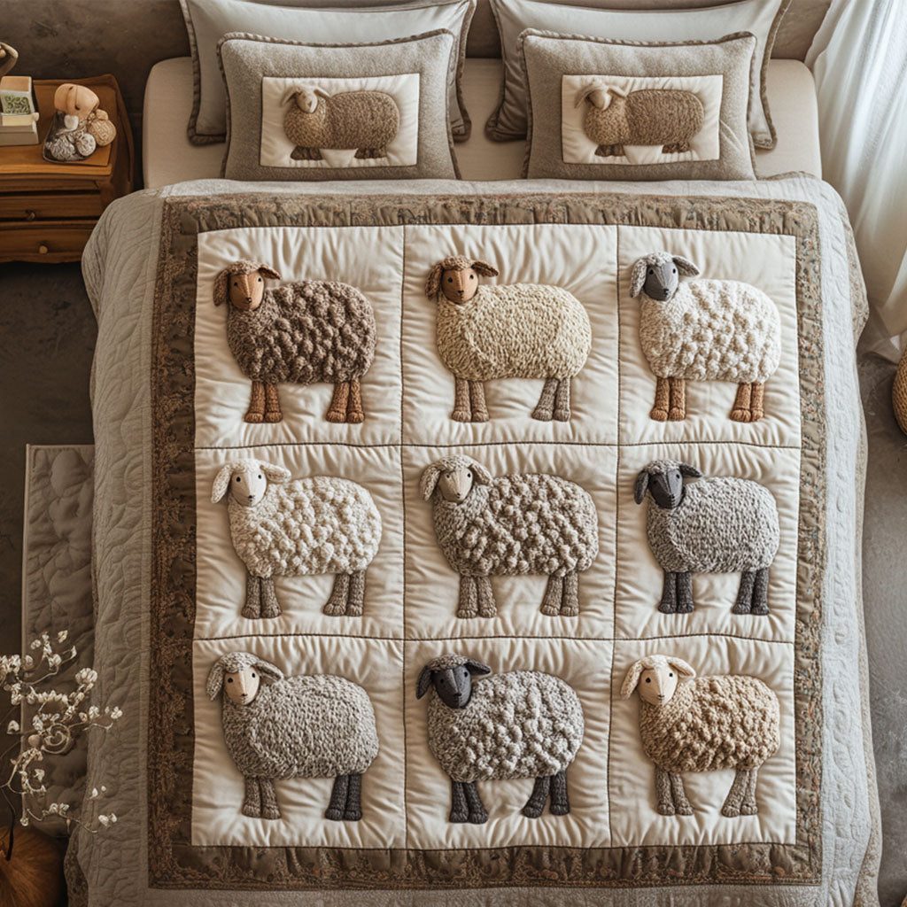 Cozy Farm Flock quilted 3-piece bedding set on a made bed with two matching pillow shams