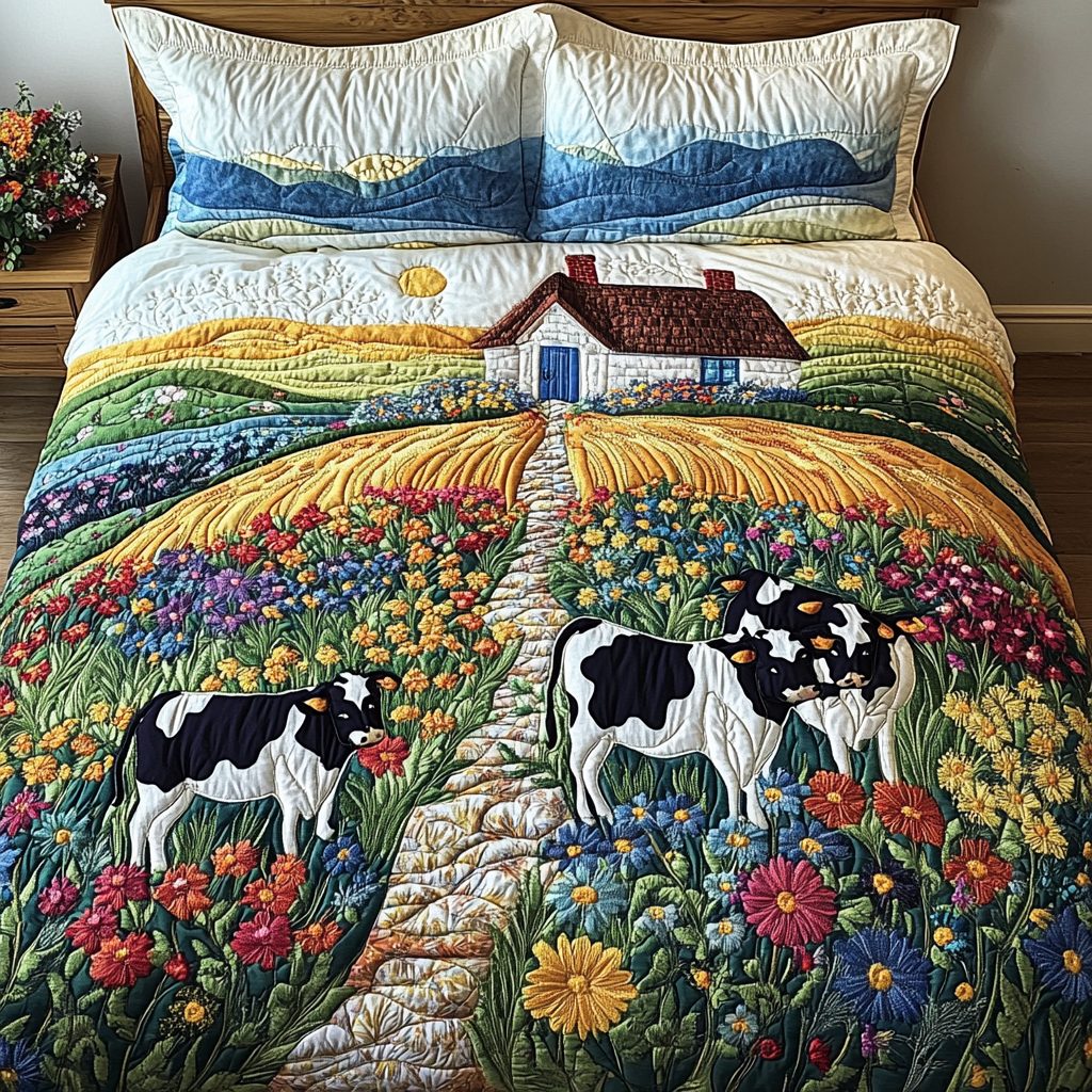 Cozy Farm quilted 3-piece bedding set on a made bed with two matching pillow shams