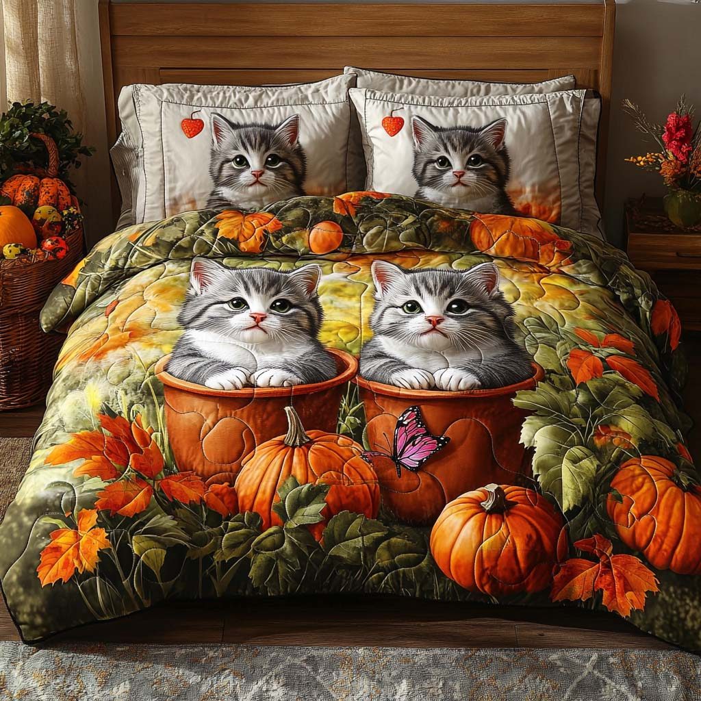 Cozy Feline Fall quilted 3-piece bedding set on a made bed with two matching pillow shams