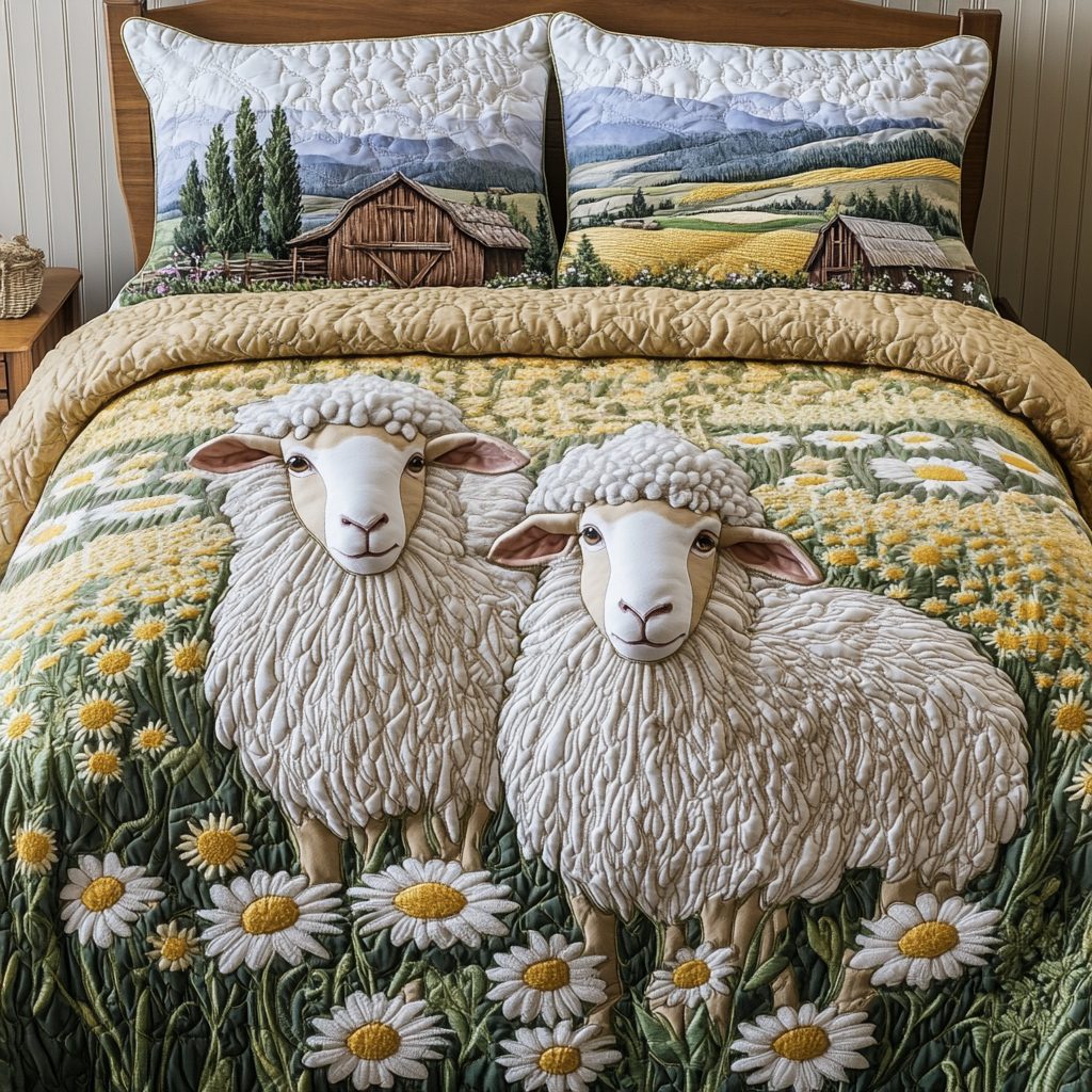 Cozy Flock quilted 3-piece bedding set on a made bed with two matching pillow shams