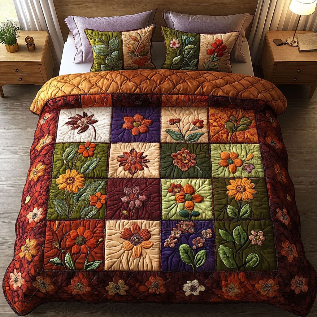 Cozy Floral quilted 3-piece bedding set on a made bed with two matching pillow shams