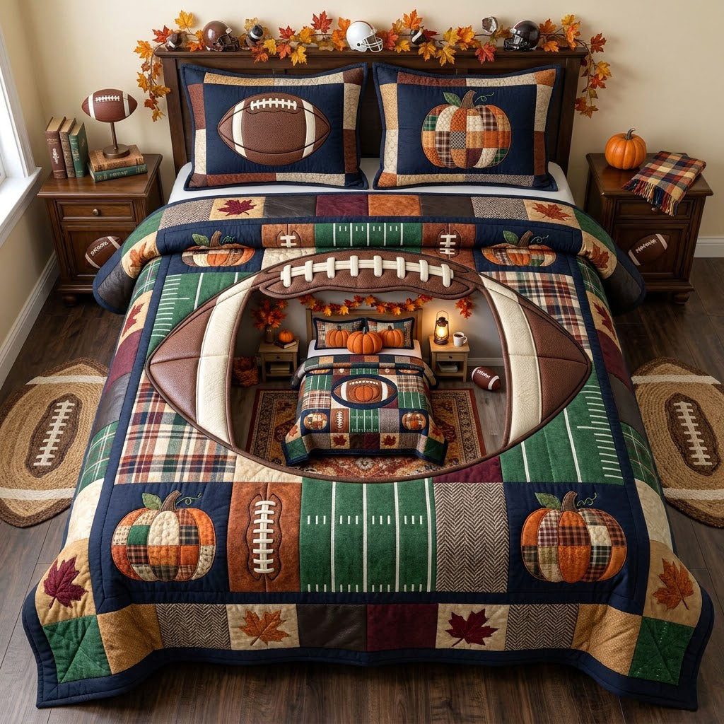 Cozy Football Season quilted 3-piece bedding set on a made bed with two matching pillow shams