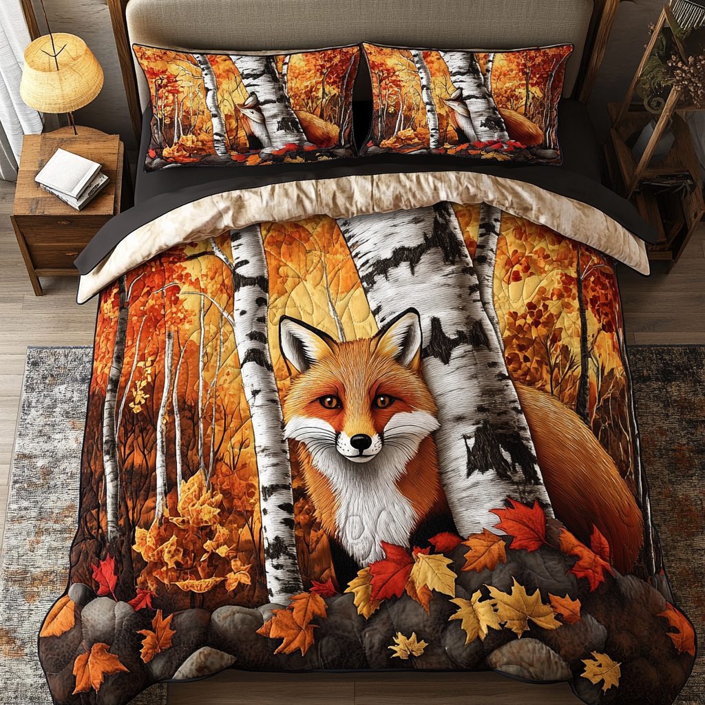 Cozy Fox quilted 3-piece bedding set on a made bed with two matching pillow shams