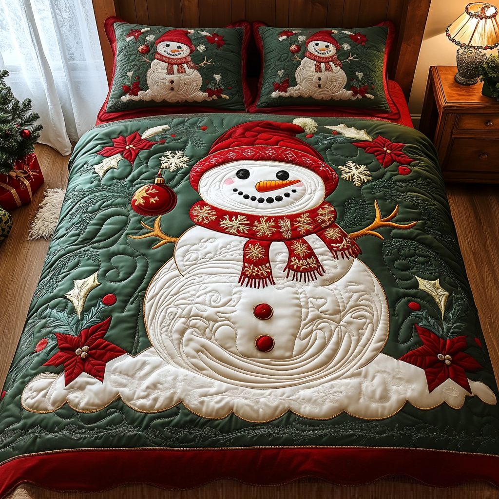 Cozy Frost quilted 3-piece bedding set on a made bed in a winter-styled bedroom
