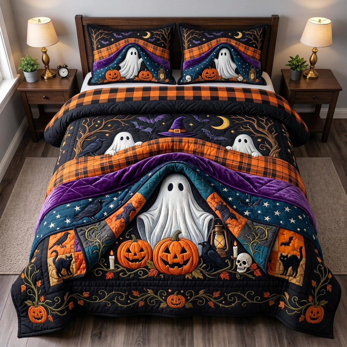 Cozy Ghost quilted 3-piece bedding set on a made bed against a dark styled interior