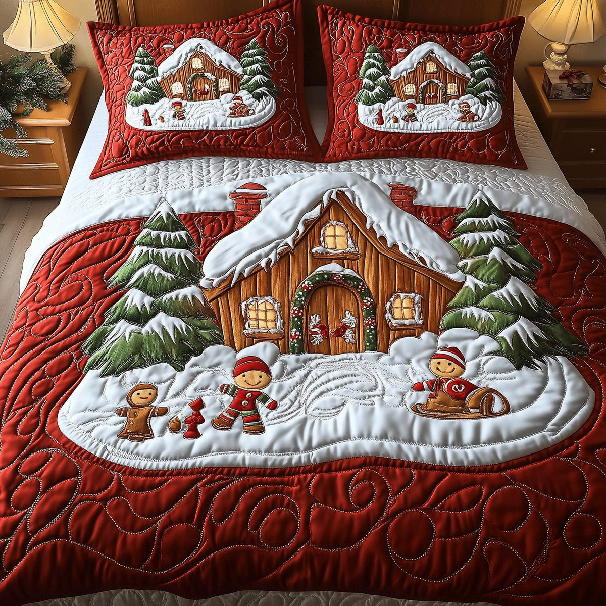 Cozy Gingerbread Dreams quilted 3-piece bedding set on a made bed in a winter-styled bedroom
