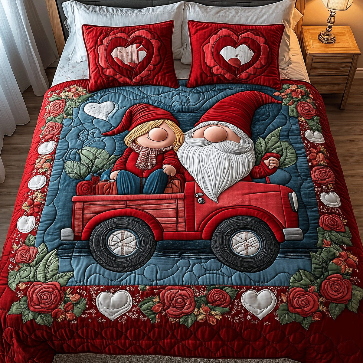 Cozy Gnome Ride quilted 3-piece bedding set on a made bed in a winter-styled bedroom