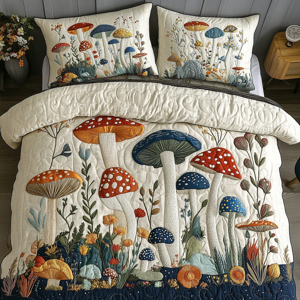 Cozy Grove quilted 3-piece bedding set on a made bed with two matching pillow shams