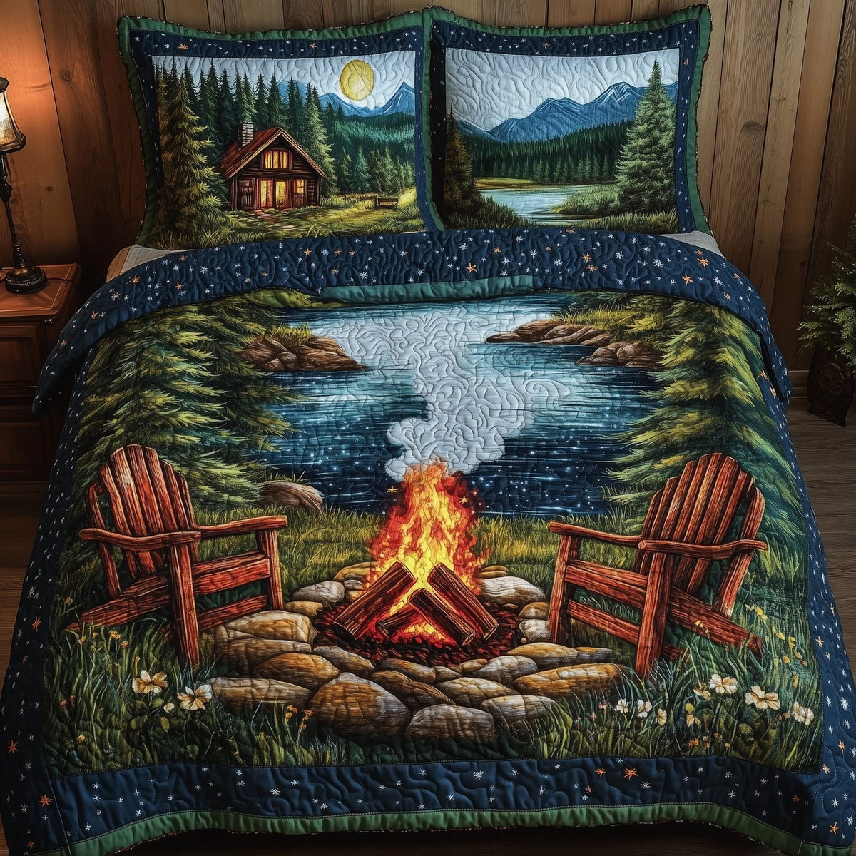 Cozy Harmony quilted 3-piece bedding set on a made bed with two matching pillow shams