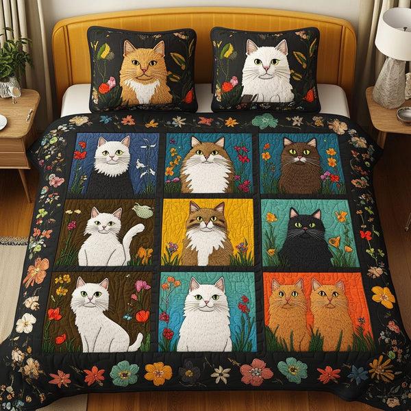 Cozy Kitty quilted 3-piece bedding set on a made bed with two matching pillow shams