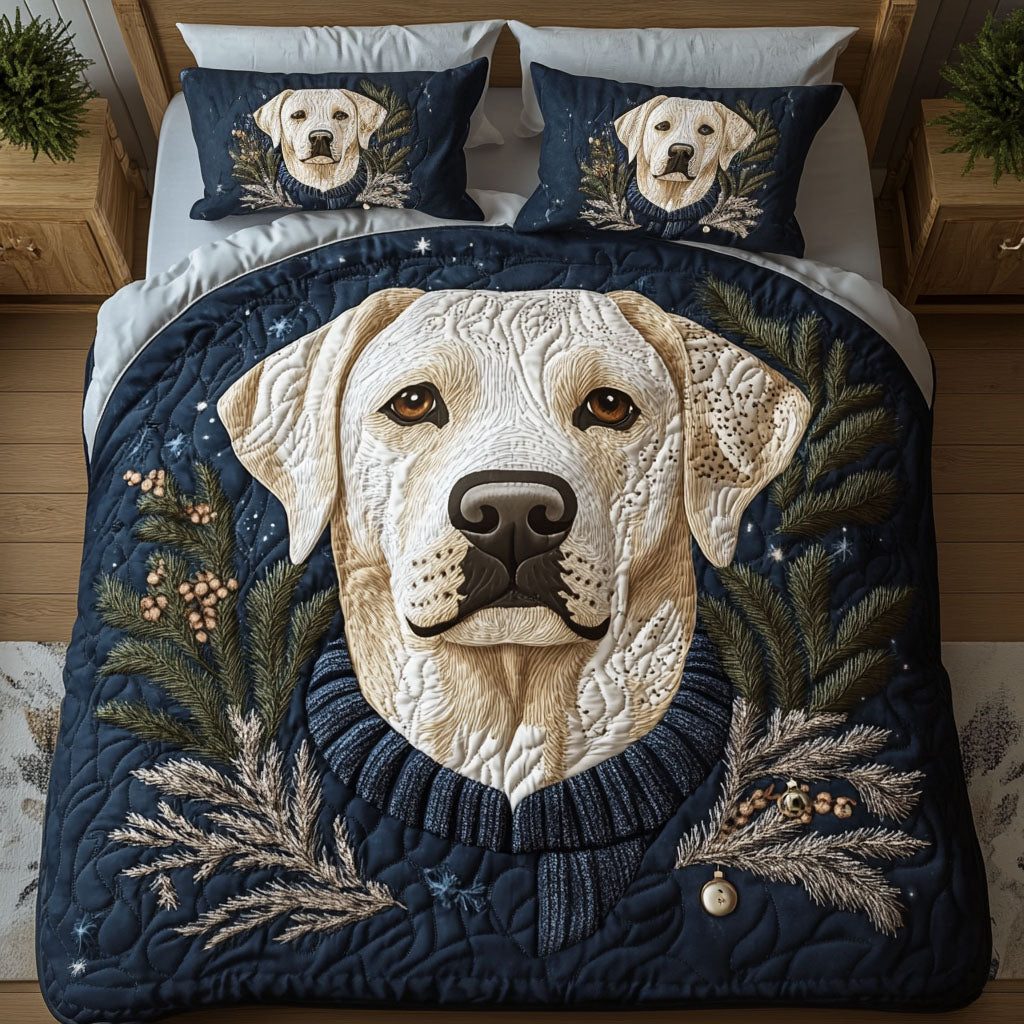 Cozy Labrador Paws quilted 3-piece bedding set on a made bed with two matching pillow shams