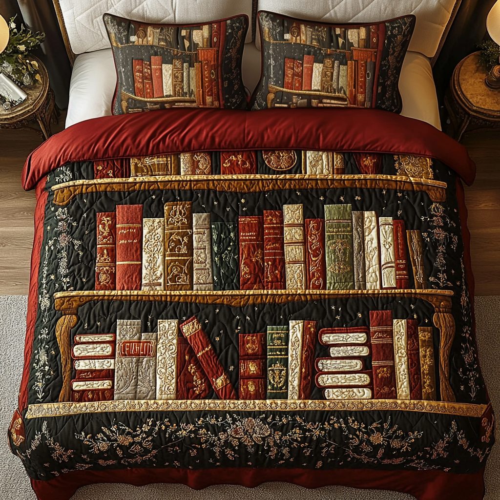 Cozy Library quilted 3-piece bedding set on a made bed with two matching pillow shams