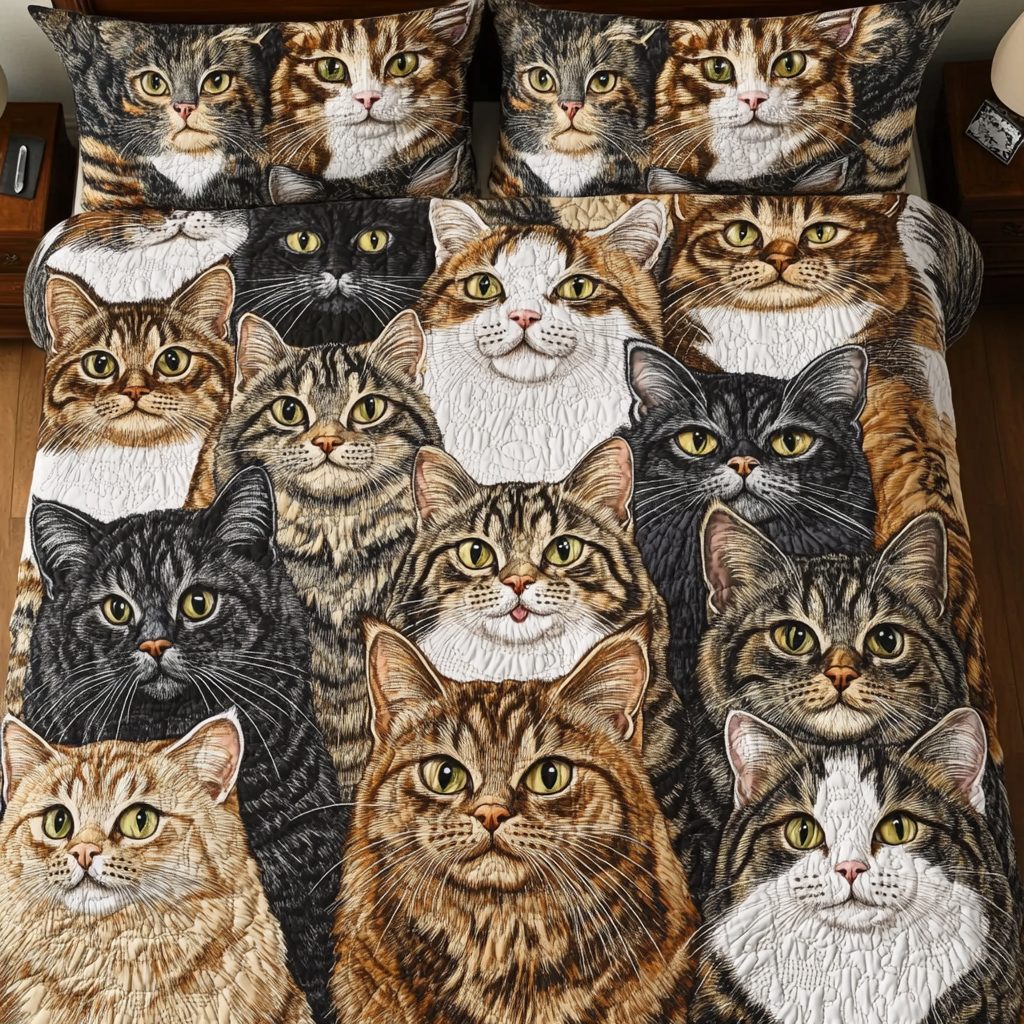 Cozy Meow quilted 3-piece bedding set on a made bed with two matching pillow shams