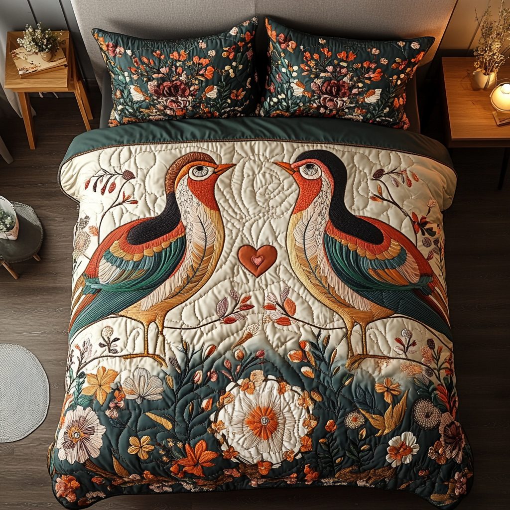 Cozy Pair quilted 3-piece bedding set on a made bed with two matching pillow shams