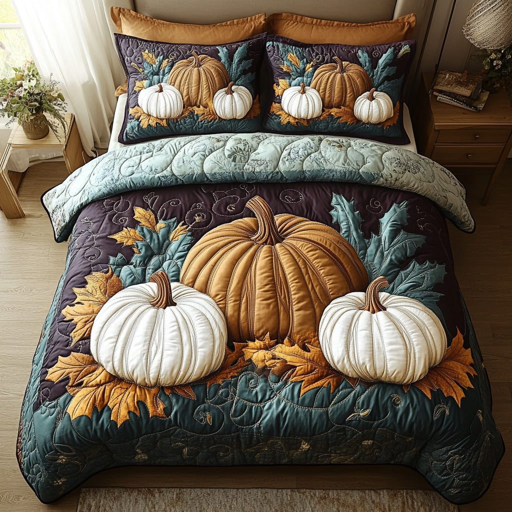 Cozy Patch quilted 3-piece bedding set on a made bed with two matching pillow shams