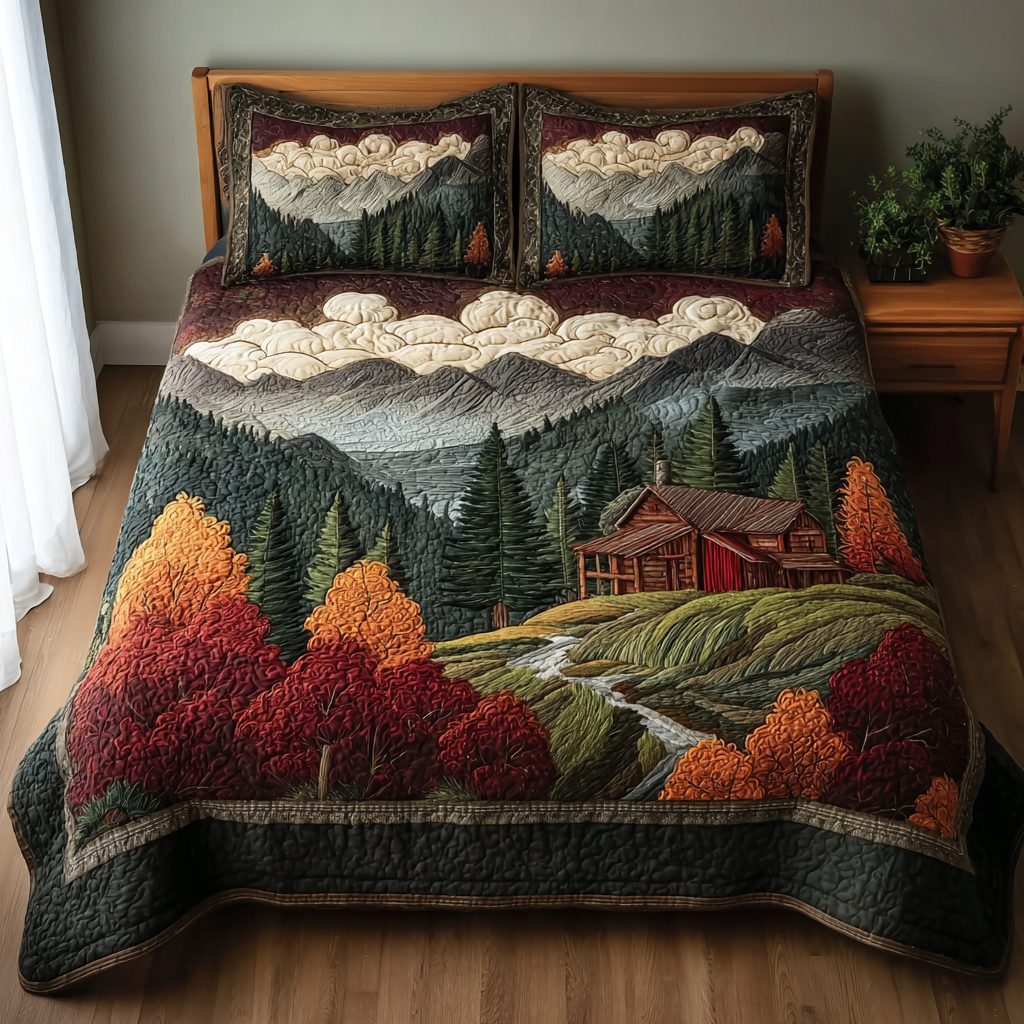 Cozy Pines quilted 3-piece bedding set on a made bed with two matching pillow shams