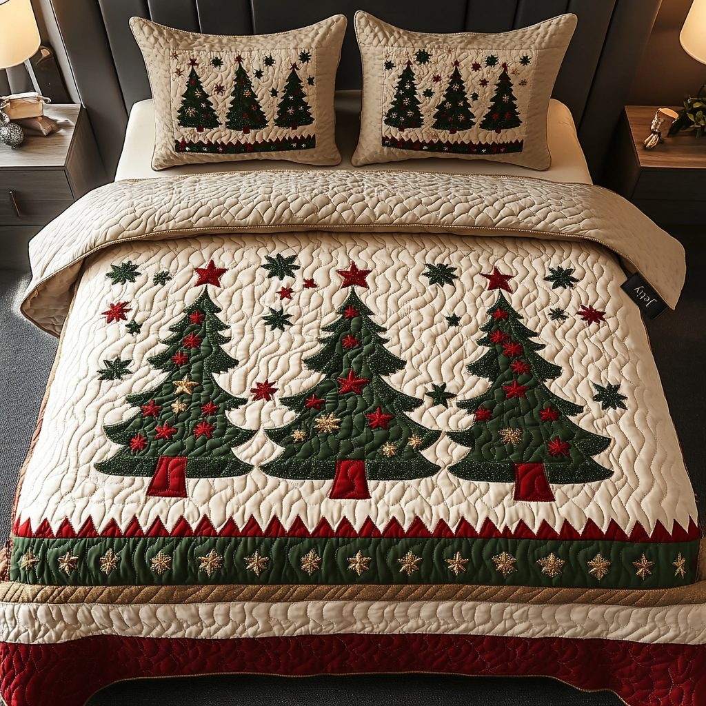 Cozy Pines quilted 3-piece bedding set on a made bed with two matching pillow shams