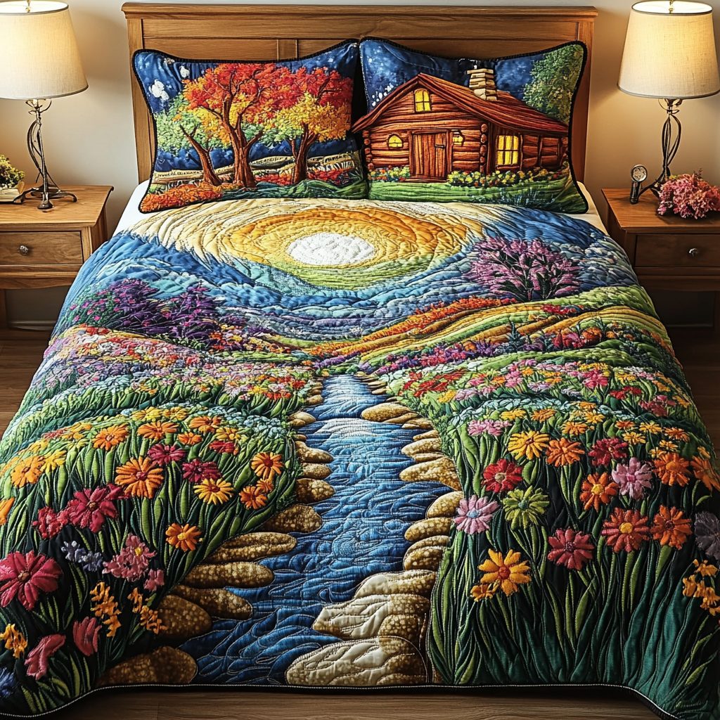 Cozy Retreat quilted 3-piece bedding set on a made bed with two matching pillow shams