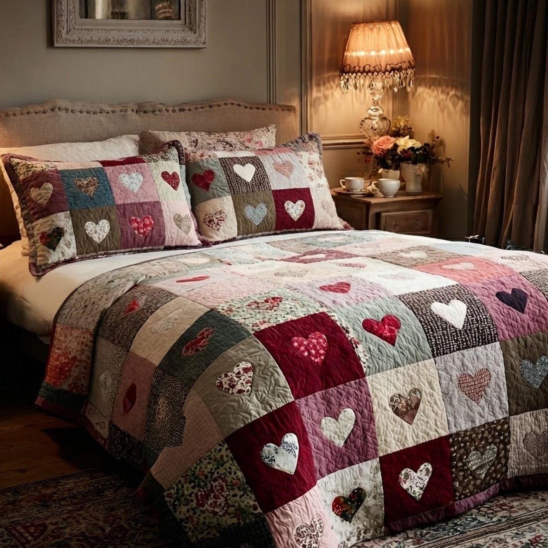 Cozy Romance quilted 3-piece bedding set on a made bed with two matching pillow shams