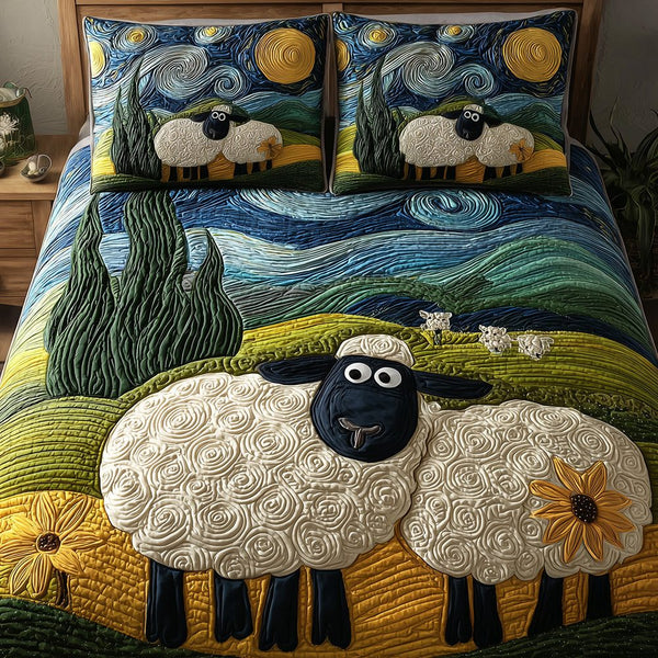 Cozy Sheep quilted 3-piece bedding set on a made bed with two matching pillow shams