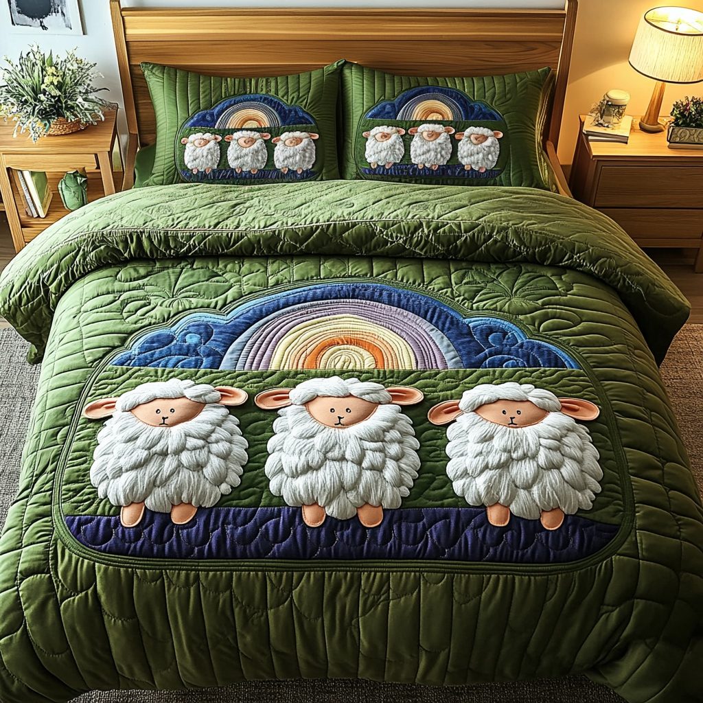 Cozy Sheep quilted 3-piece bedding set on a made bed with two matching pillow shams
