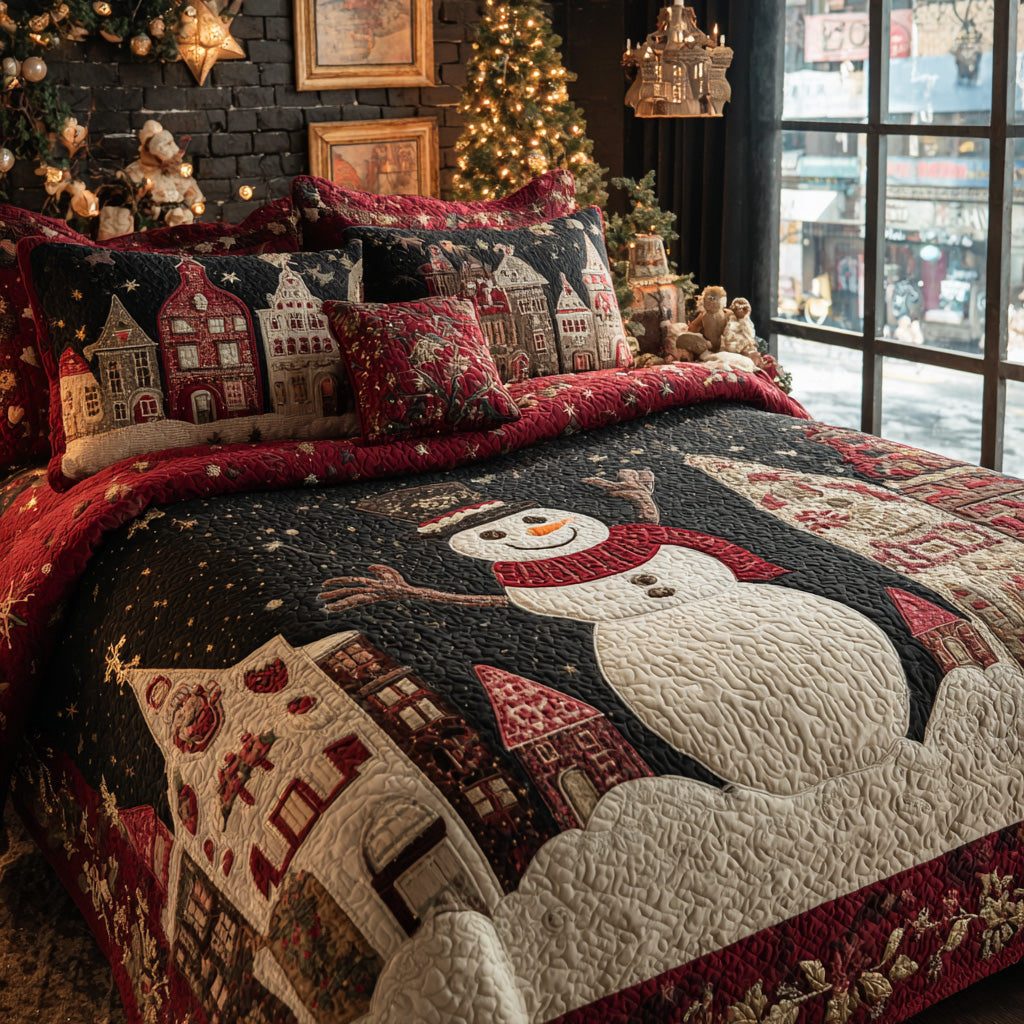 Cozy Snowman quilted 3-piece bedding set on a made bed in a winter-styled bedroom