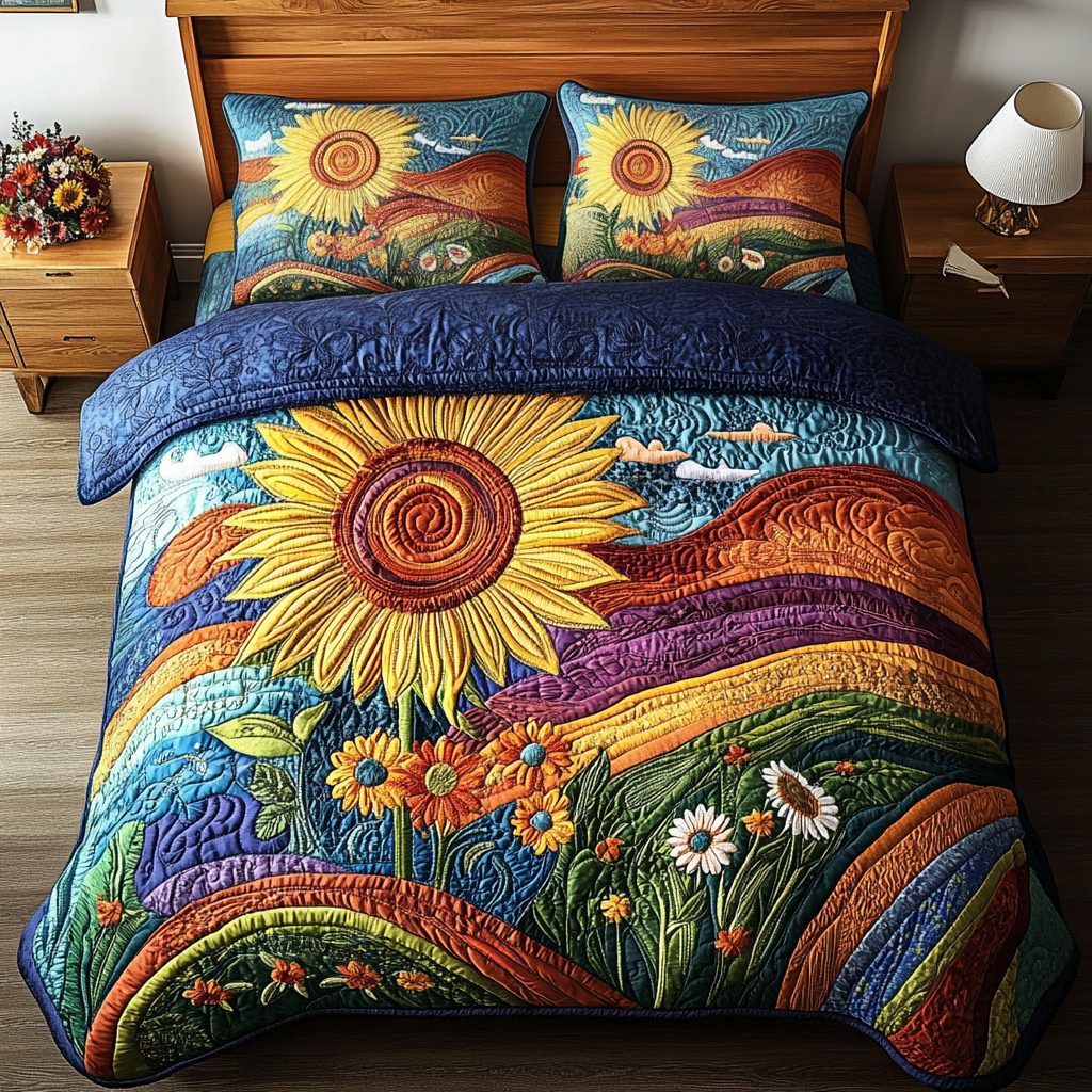 Cozy Sunflowers quilted 3-piece bedding set on a made bed with two matching pillow shams