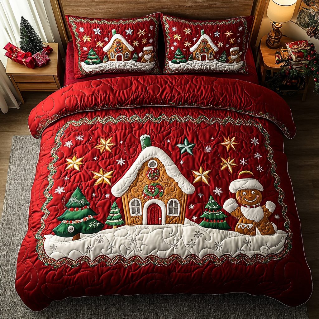 Cozy Treats quilted 3-piece bedding set on a made bed with two matching pillow shams