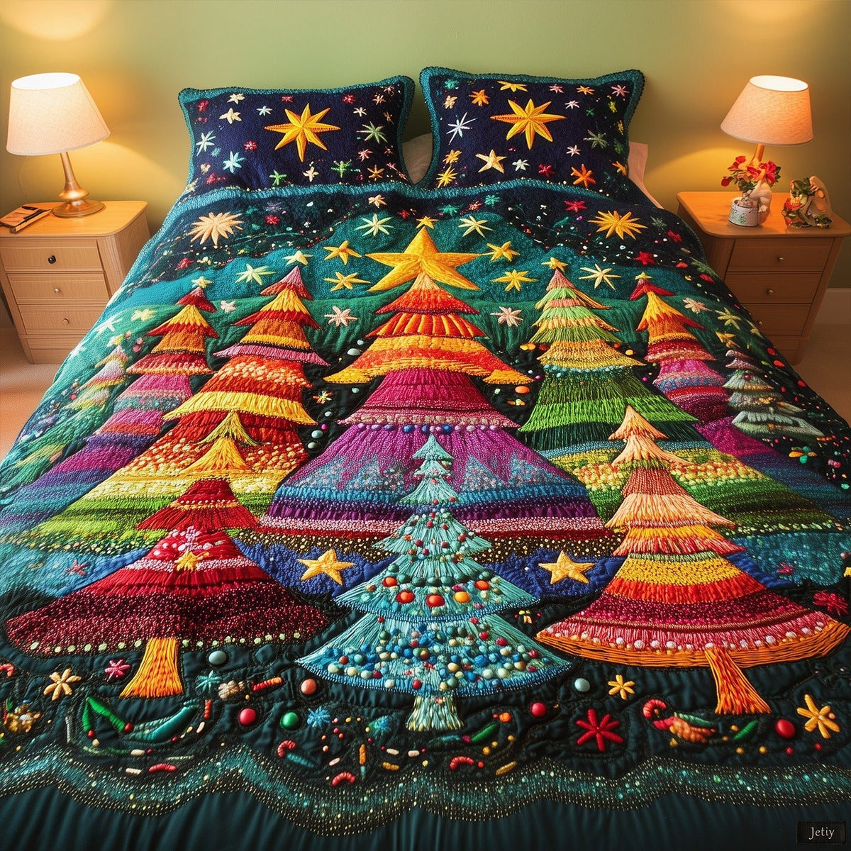 Cozy Tree Dreamscape quilted 3-piece bedding set on a made bed with two matching pillow shams