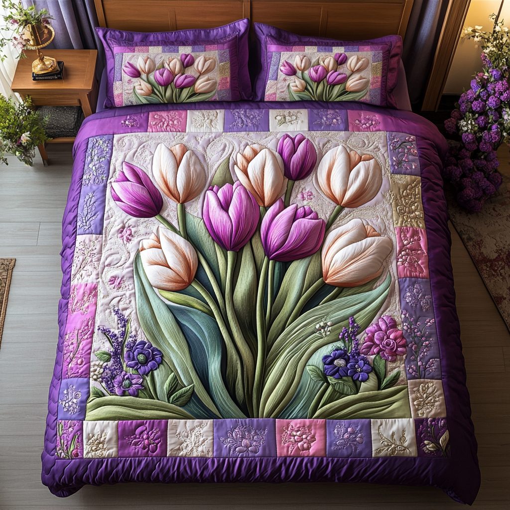 Cozy Tulips quilted 3-piece bedding set on a made bed with two matching pillow shams