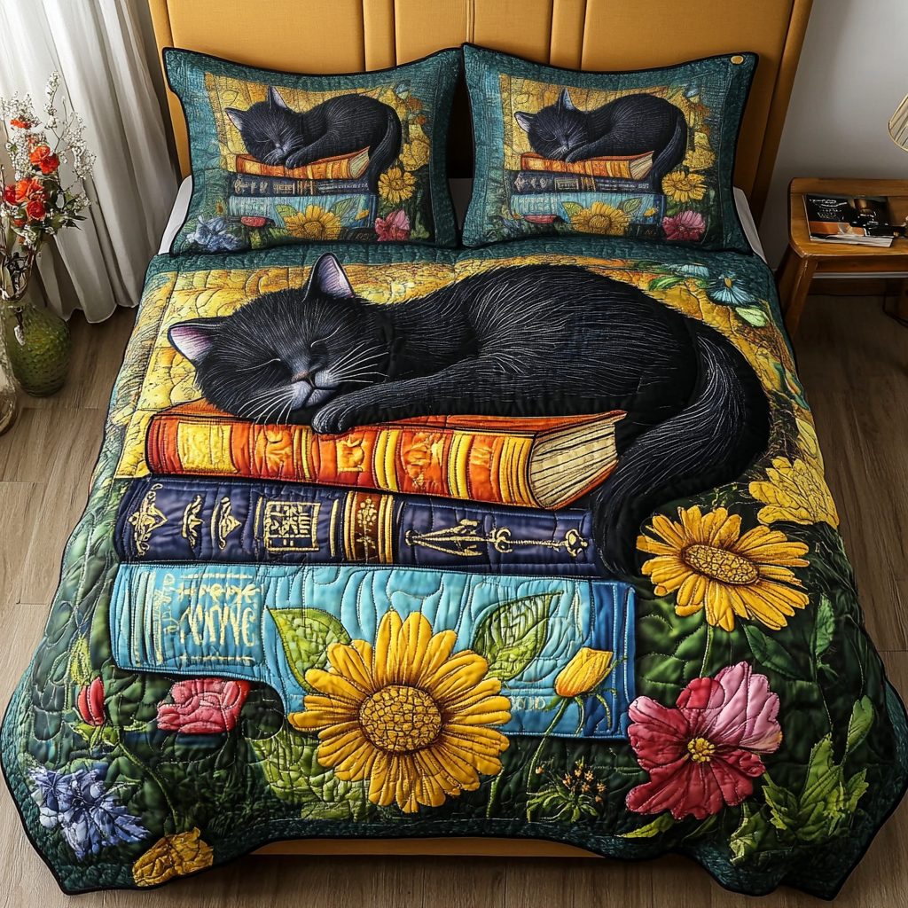 Cozy Whiskers quilted 3-piece bedding set on a made bed with two matching pillow shams