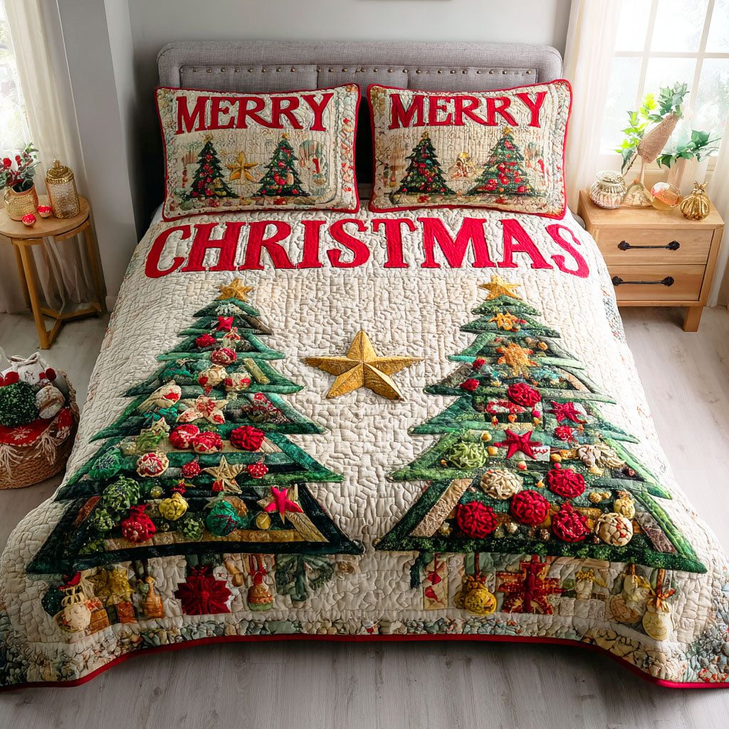 Cozy Winter quilted 3-piece bedding set on a made bed in a winter-styled bedroom