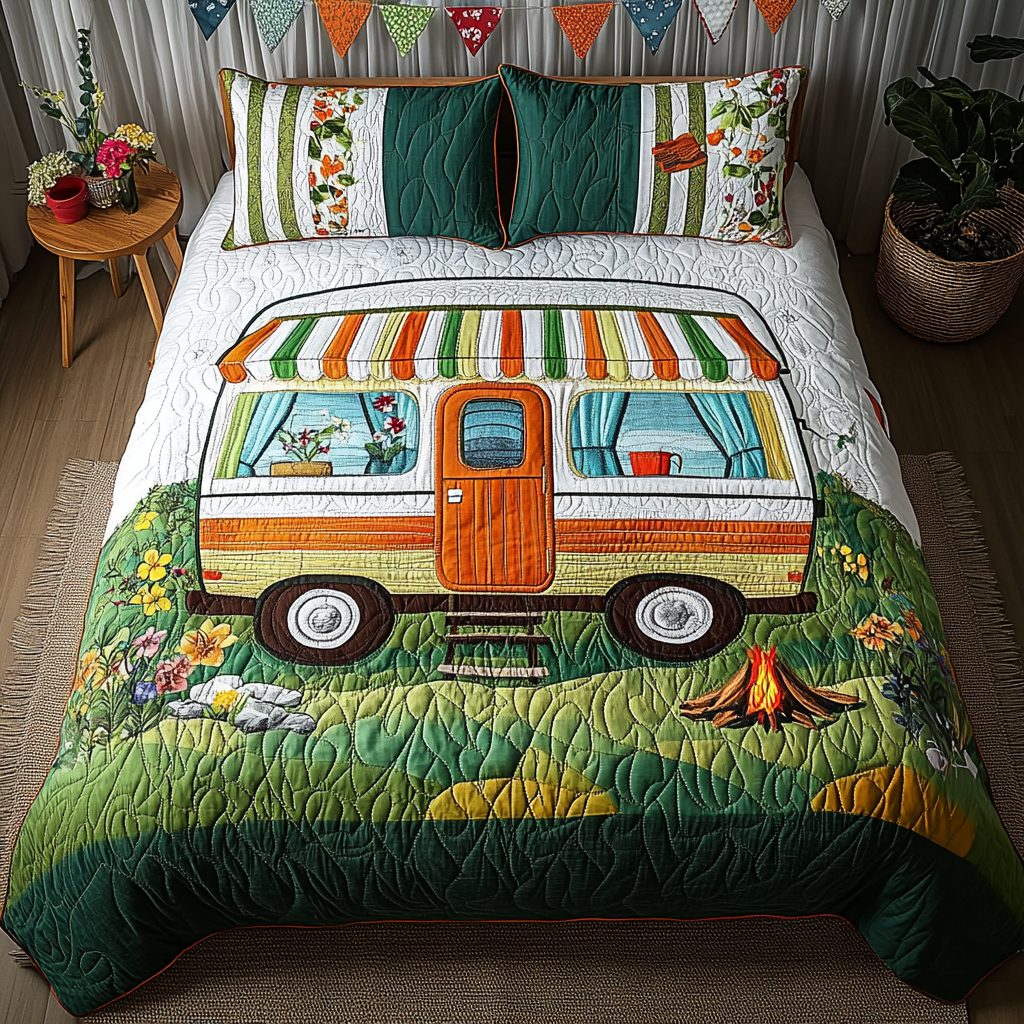 CozyCamp quilted 3-piece bedding set on a made bed with two matching pillow shams
