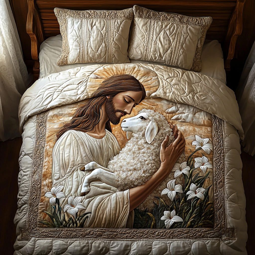 Cradle of Grace quilted 3-piece bedding set on a made bed with two matching pillow shams