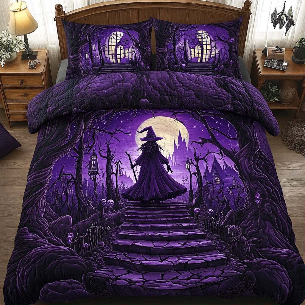 Creepy Moon quilted 3-piece bedding set on a made bed against a dark styled interior