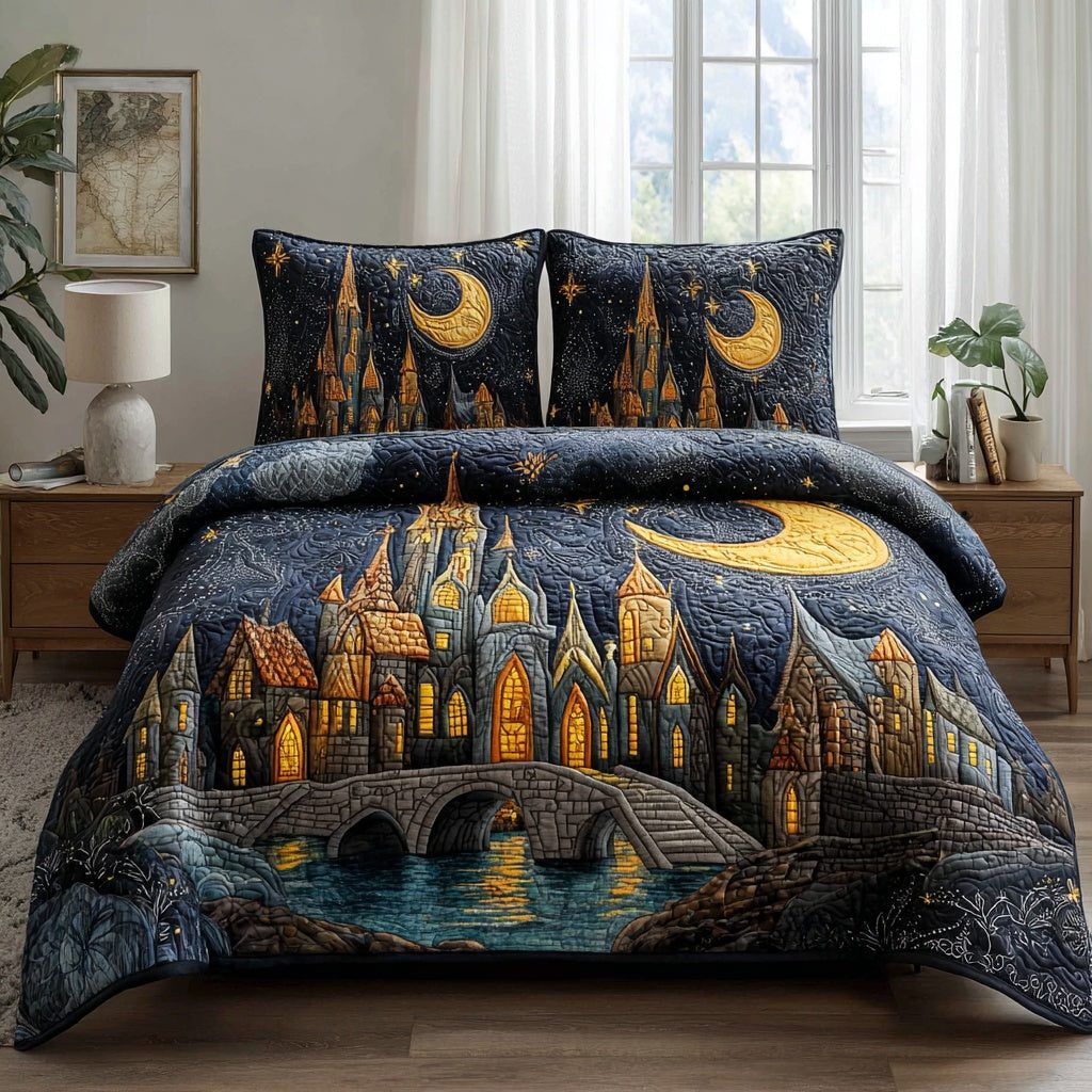 Crescent Castle Glow quilted 3-piece bedding set on a made bed with two matching pillow shams