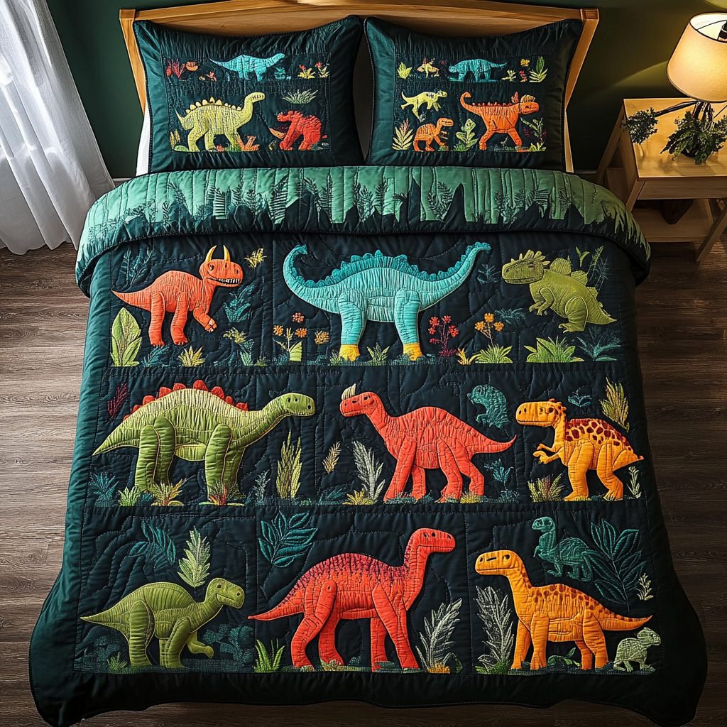 Cretaceous Cozy quilted 3-piece bedding set on a made bed with two matching pillow shams