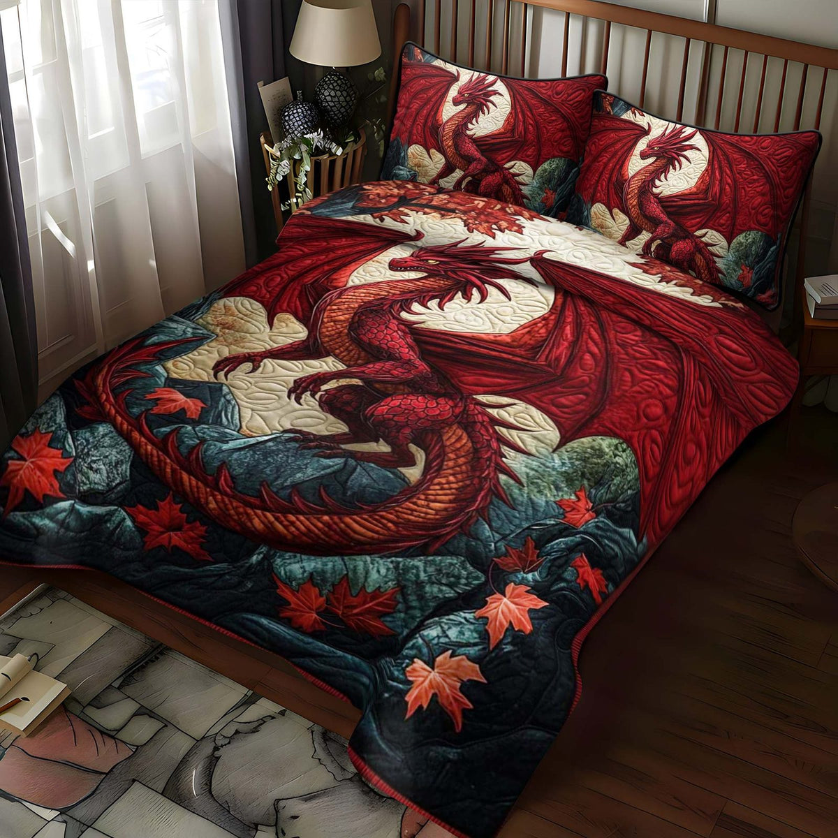 Crimson Blaze quilted 3-piece bedding set on a made bed with two matching pillow shams