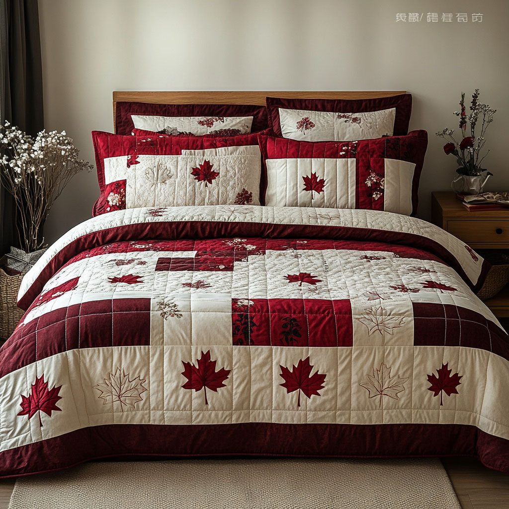 Crimson Canopy quilted 3-piece bedding set on a made bed with two matching pillow shams