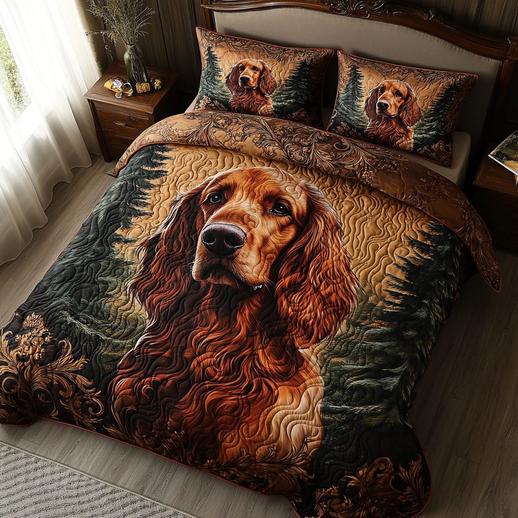 Crimson Companion quilted 3-piece bedding set on a made bed with two matching pillow shams