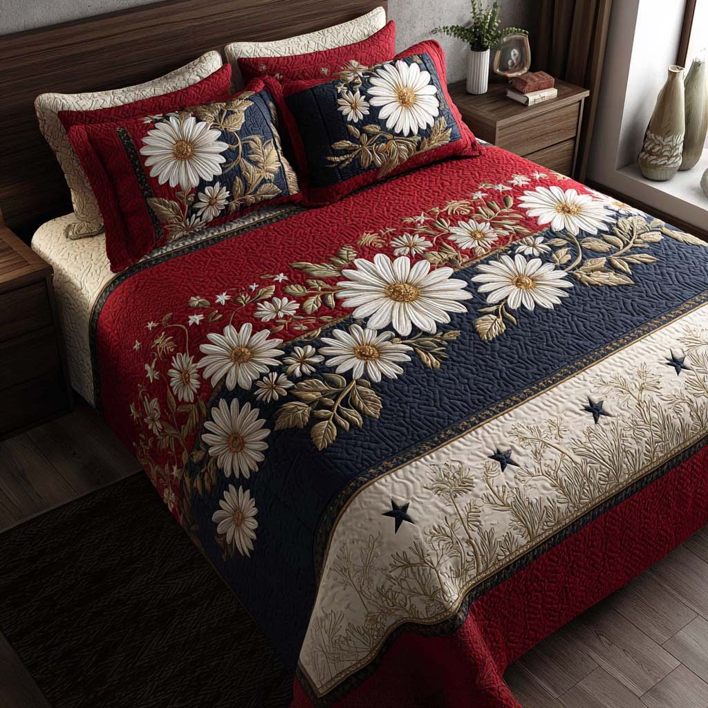 Crimson Daisy quilted 3-piece bedding set on a made bed with two matching pillow shams